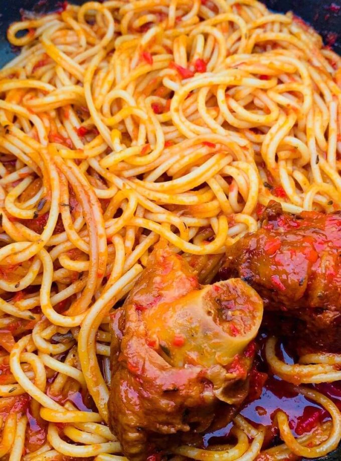 Spaghetti Jollof with Chunky Beef/Chicken